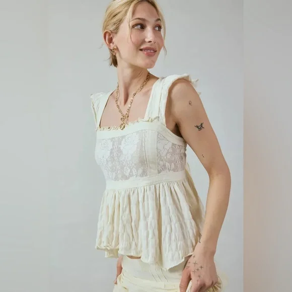 Urban Outfitters UO Kimchi Blue Olive Bow Tie-Back Babydoll Blouse Ivory - Picture 1 of 3